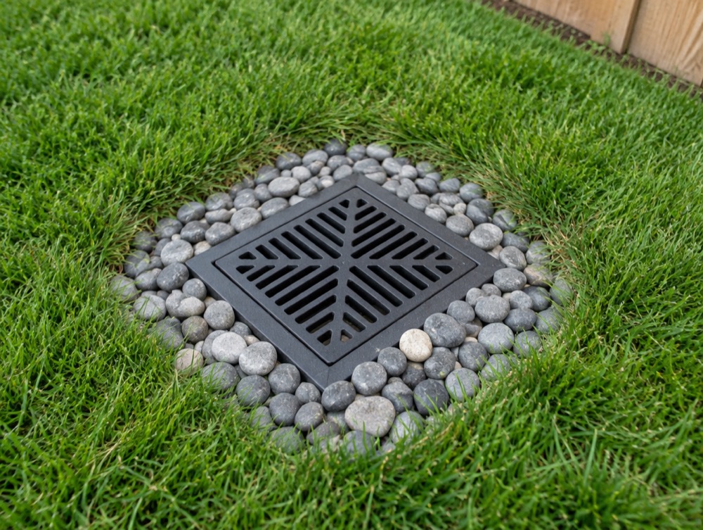 Grated catch basin collecting surface water at a low spot in a Charlotte yard