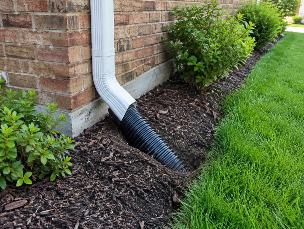 Downspout tied into a buried drain line carrying roof water away from the foundation