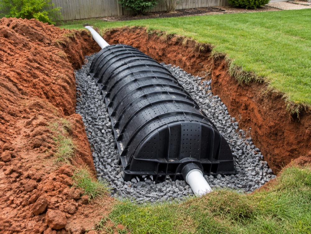 Gravel dry well basin built to soak stormwater into the ground