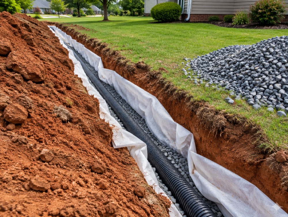Perforated french drain pipe bedded in gravel in a Charlotte red-clay trench