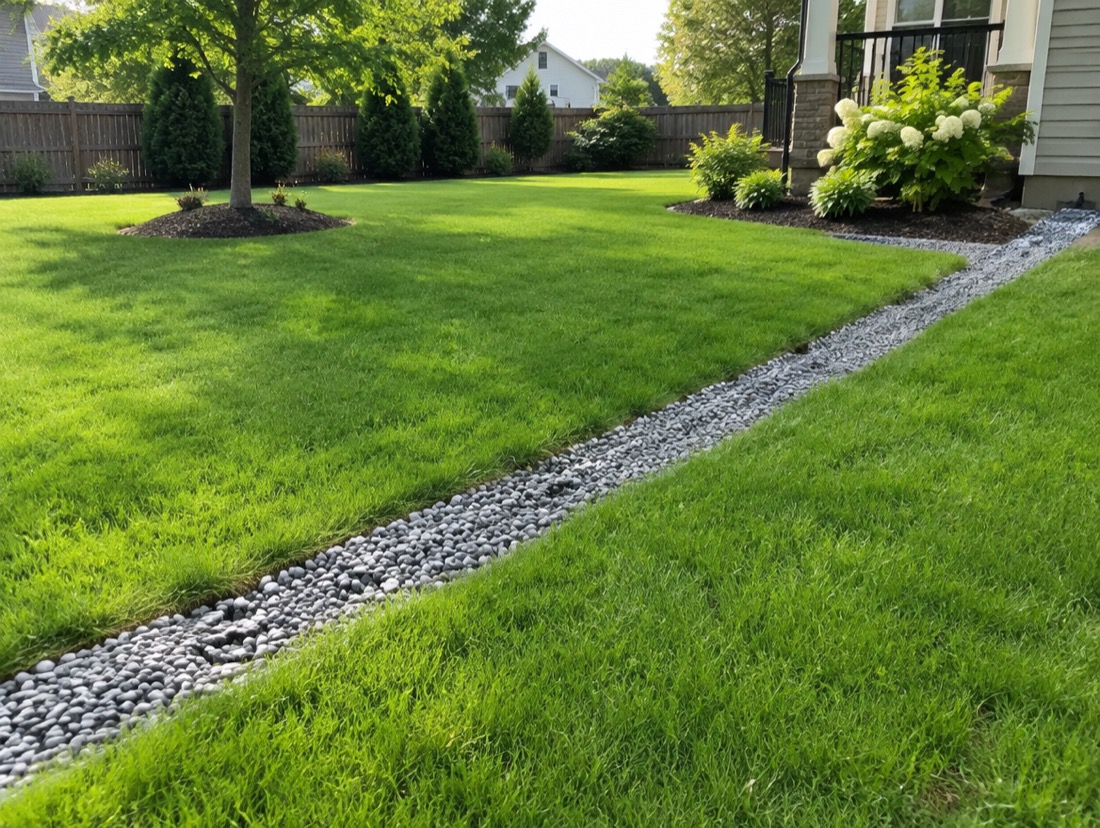 Finished gravel french drain channeling runoff away from a Charlotte home
