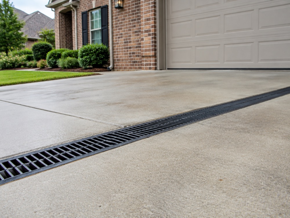 Channel trench drain set flush across a driveway to catch runoff